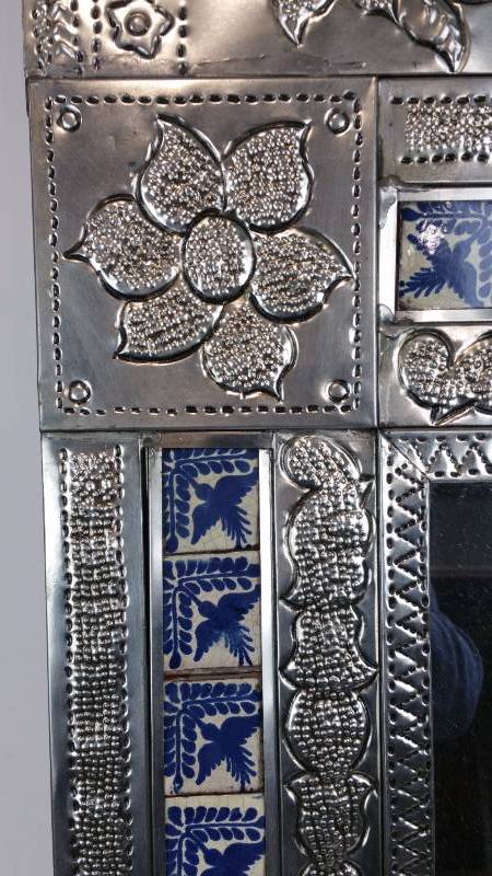 lot 33E image: Antique Pierced Tin & Porcelain Tiled Mirror