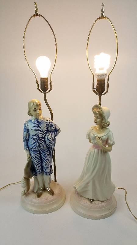 lot 9 image: Boy in Blue & Girl Figural Porcelain Lamps