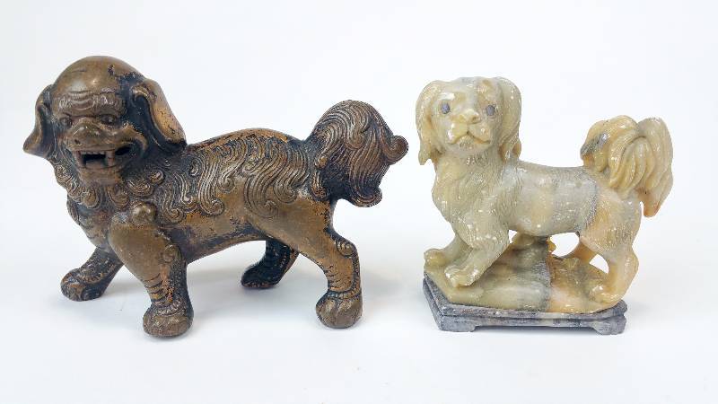lot 22 image: Metal and Carved Stone Chinese Foo Dogs