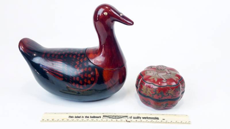 lot 23 image: Asian Wooden Duck & Box Containers