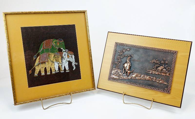 lot 26 image: Three Elephant Framed Silk & Repousse Metal Panel Art