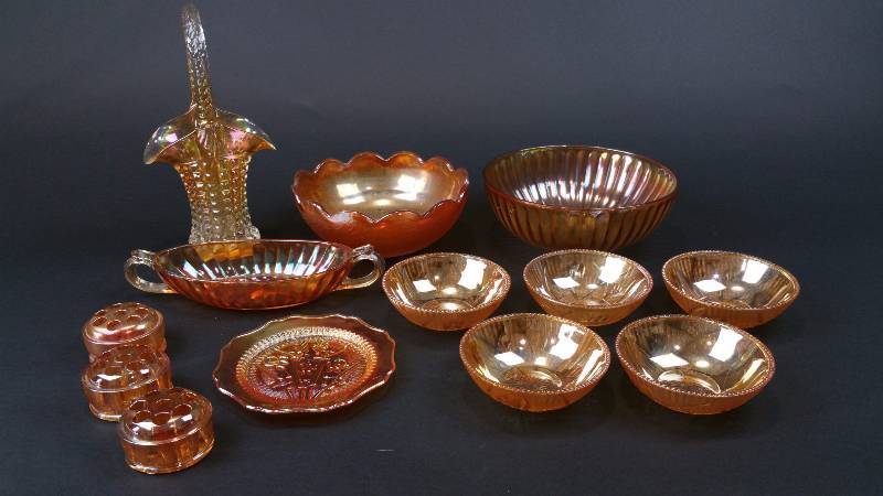 lot 41 image: Large Group of Marigold Carnival Glass Dishes