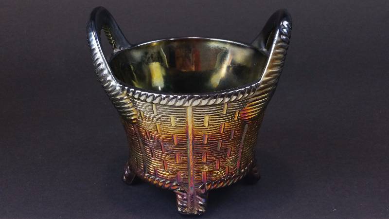 lot 46 image: Northwood Black Amythest Bushel Basket Carnival Glass