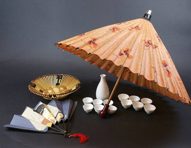 lot 59 image: Asian Sake Set  Umbrella  Bamboo Bowl  Fan
