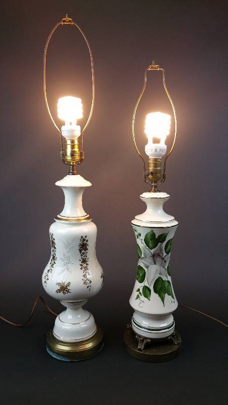 lot 60 image: Two Painted Glass Table Lamps, One Signed.