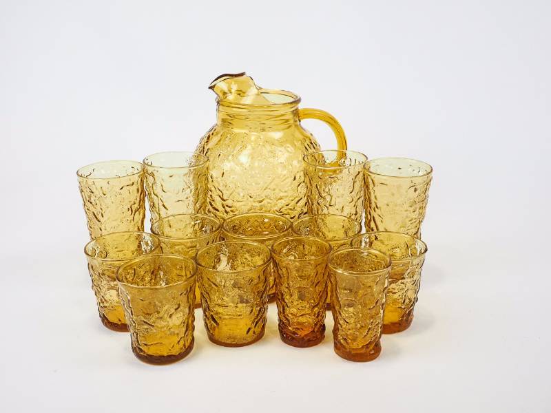 Bright Yellow Mid Century Modern Water Pitcher and Glasses