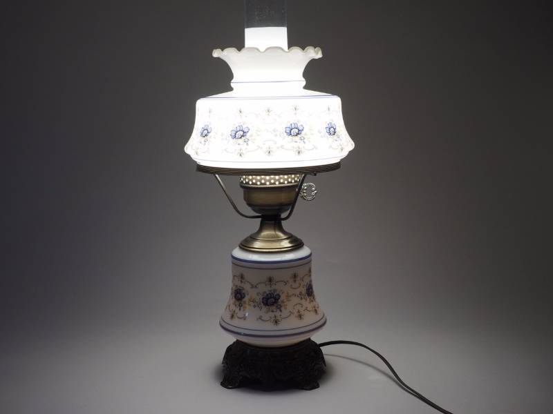 lot 6A image: Quoizel Abigail Adams 3-Way Lamp with Blue Floral Decor