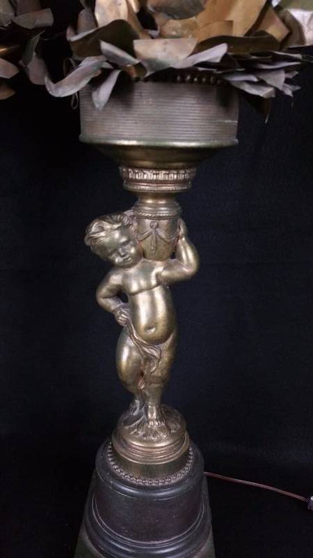 lot 15A image: Cast Metal Cherub Double Table Lamps