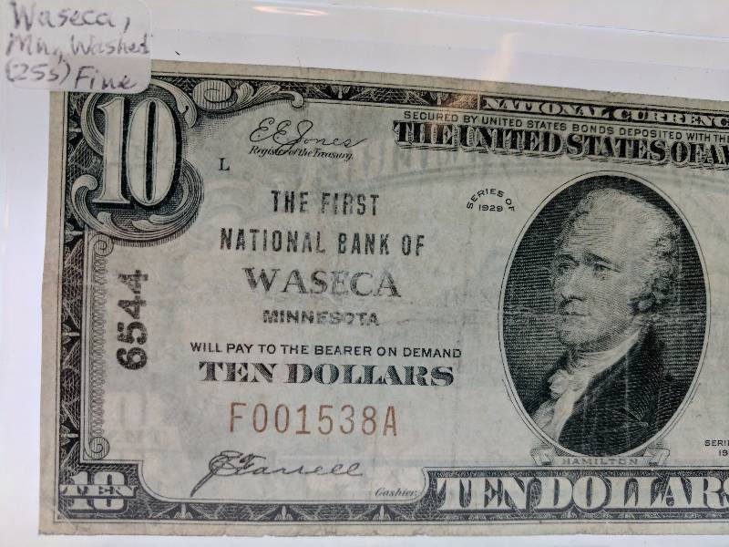 lot 12 image: $10 Ten Dollar Bill - 1929 - Waseca Minnesota