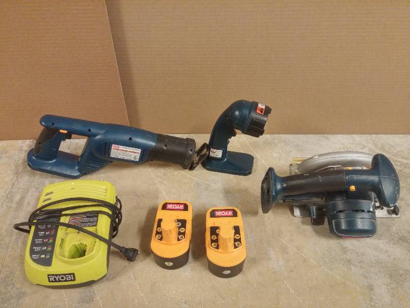 lot 387 image: Lot of 3 Battery Operated Ryobi Tools Ryobi R10633 5 12 18V Cordless Circular Saw, Ryobi RJC181 18V Reciprocating Saw, Ryobi FL1800 Flashlight GOOD WORKING CONDITION