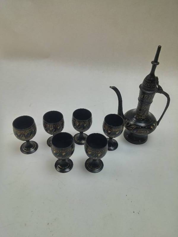 lot 432 image: Vintage Handmade Black Enameled Etched Brass 7.25 Tea Pitcher Vase & Cups Set India GOOD CONDITION