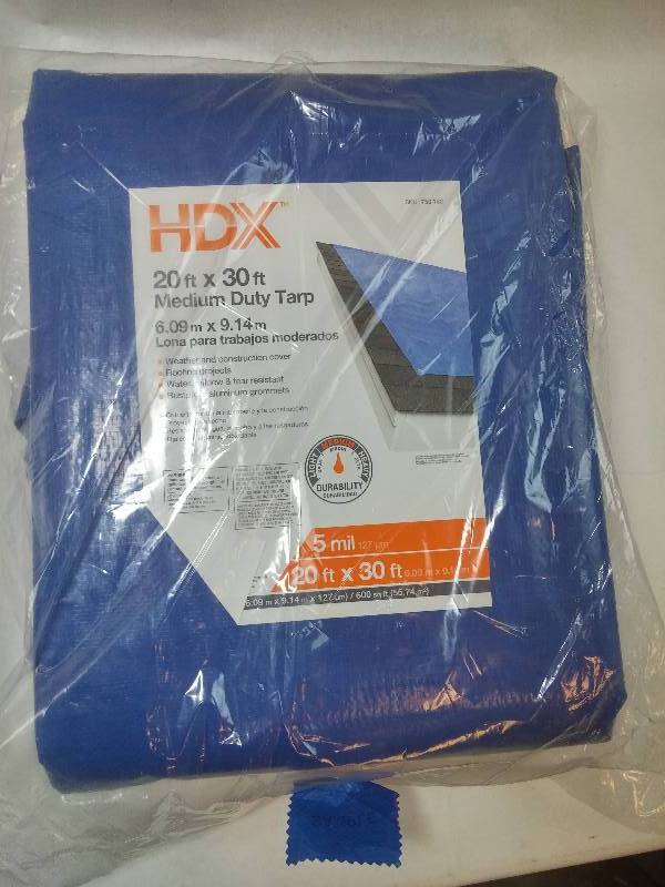 lot 524 image: HDX 20 Ft. X 30 FT Blue Medium Duty Plastic General Purpose Tarp Water Resistant UNUSED