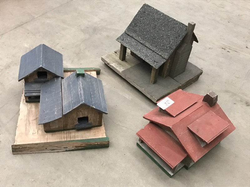 lot 28 image: (3) Handmade Wooden Bird Houses ...