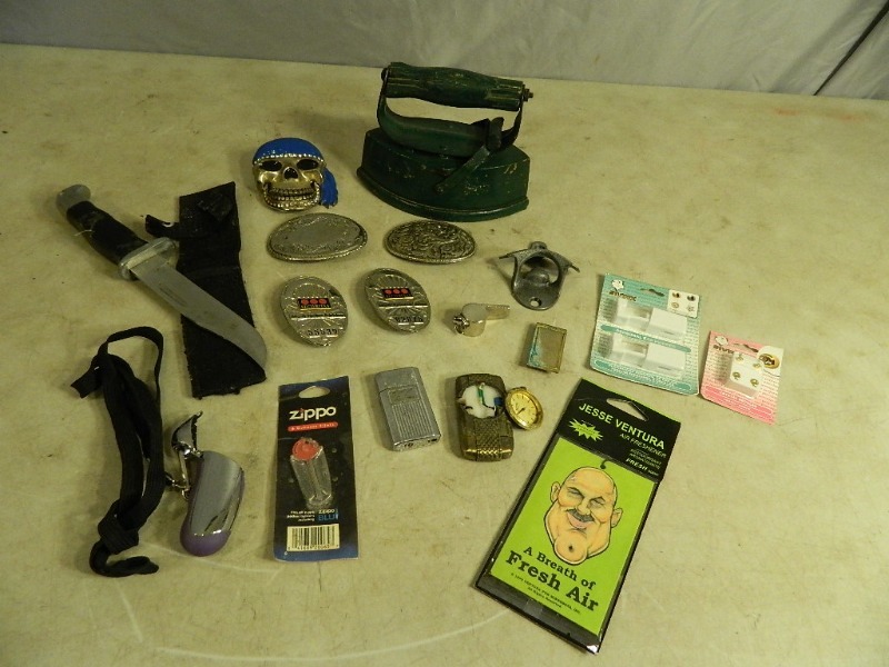 lot 4 image: Knife, Belt Buckles, and More