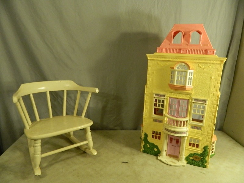 lot 183 image: Fold Up Dollhouse and Kids Wood Rocking Chair