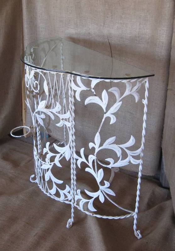lot 59 image: Ornate, White Metal Demi-Table with Glass Top