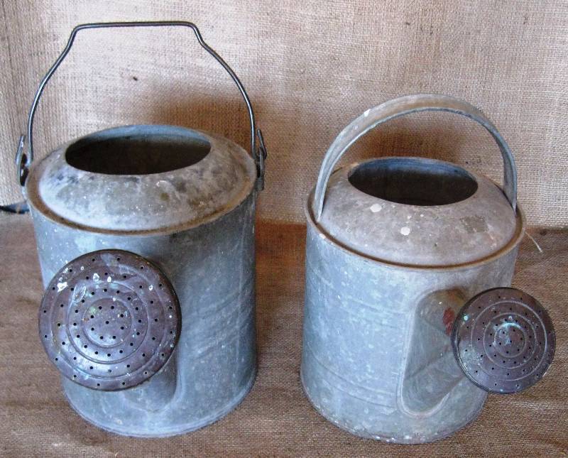 lot 133 image: (2) Large, Vintage Watering Cans & Birdhouse Planter