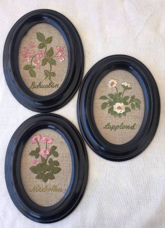 lot 25 image: (13) HandStitched on Linen SWEDISH PROVINCE FLOWERS in Frames