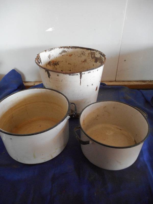 2 ANTIQUE ENAMEL POTS ONE PAIL