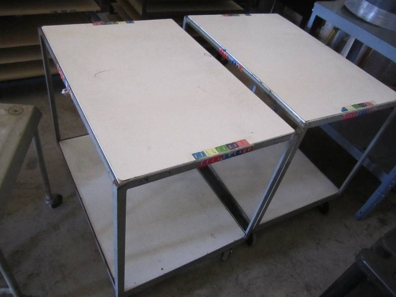 lot 45 image: 2 work tables, metal frame with coa...