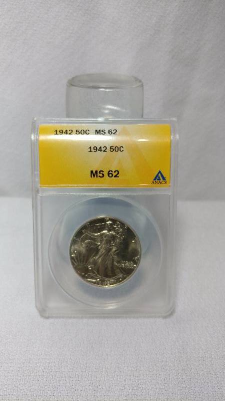1942 WALKING LIBERTY SILVER HALF DOLLAR (MS62 ANACS)