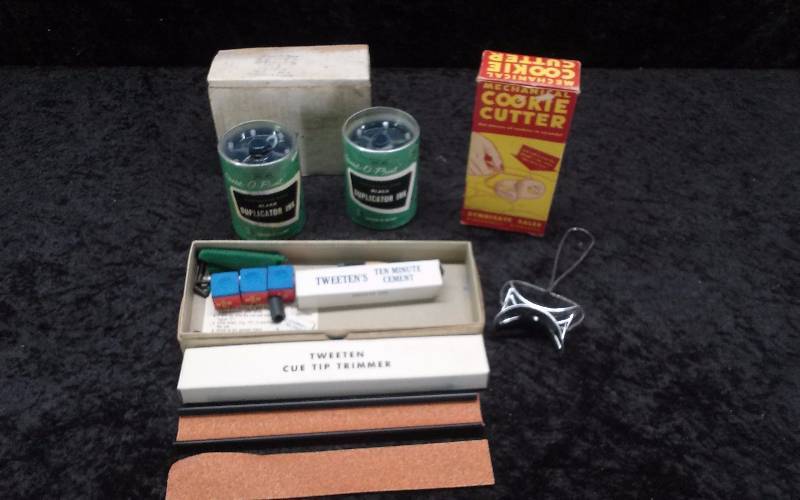 lot 40 image: Lot - Misc Vintage Cookie Cutter, Billiard Repair Kit, Duplicator Ink