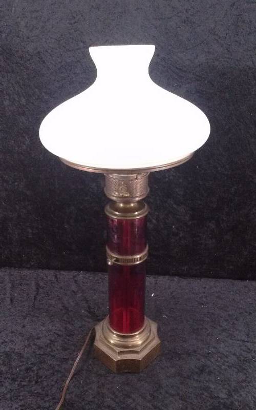 lot 50 image: Gorgeous Vintage Red Glass Lamp with Shade, appx 24, works