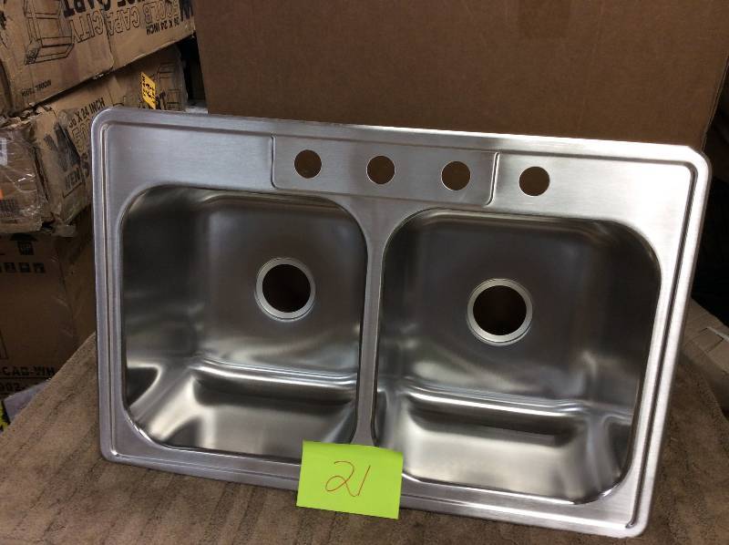 lot 21 image: Neptune Drop-In Stainless Steel 33 in. 4-Hole Double Bowl Kitchen Sink