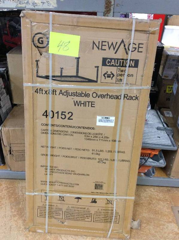 lot 48 image: New Age Performance 96 in. L x 48 in. W x 42 in. H Adjustable VersaRac Ceiling Storage Rack in White New