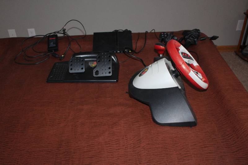 lot 32 image: Playstation PS2 Console w MC2 Universal Racing Wheel & Foot Pedals Controller in Box