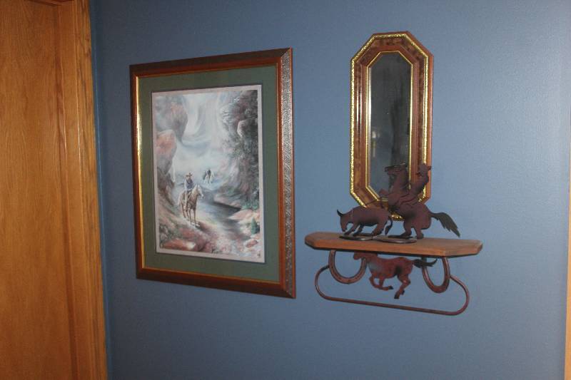 lot 56 image: Lot of (4) Wall Decorations Includes 1) Decorative Horse Wood Shelf AND 1) Framed, Matted Western Picture AND 1) Decorative Mirror AND 1) Horse Statue