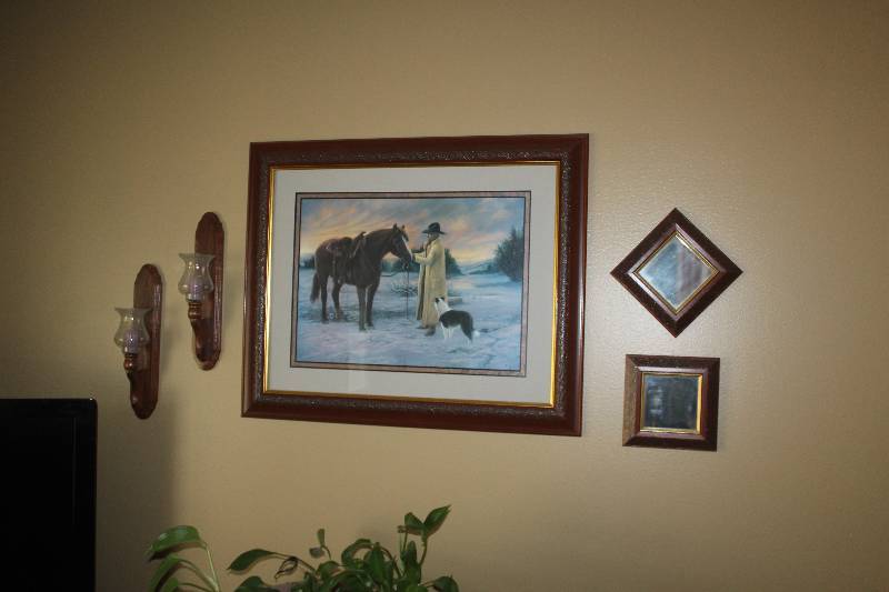 lot 51 image: Lot of (3) Wall Decorations Includes 2) Mirror AND 1) Framed, Matted, Signed Scroggins Picture