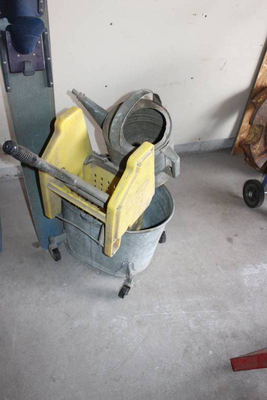 lot 73 image: Steel Mop Bucket, Steel Water Can, Steel Oil Catcher