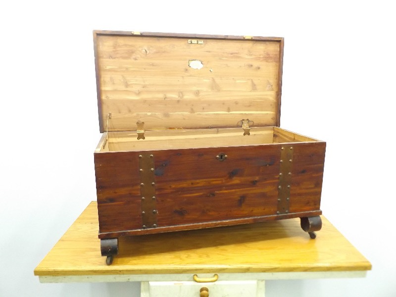 lot 1 image: Antique Solid Cedar Wood Trunk with Metal Accents