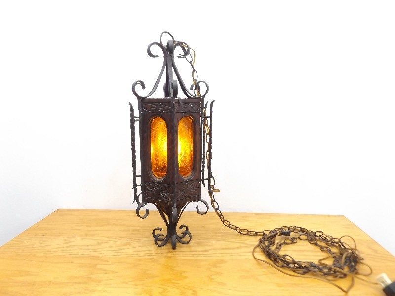 lot 11 image: Vintage Working Gothic Wood, Glass, and Metal Hanging Light