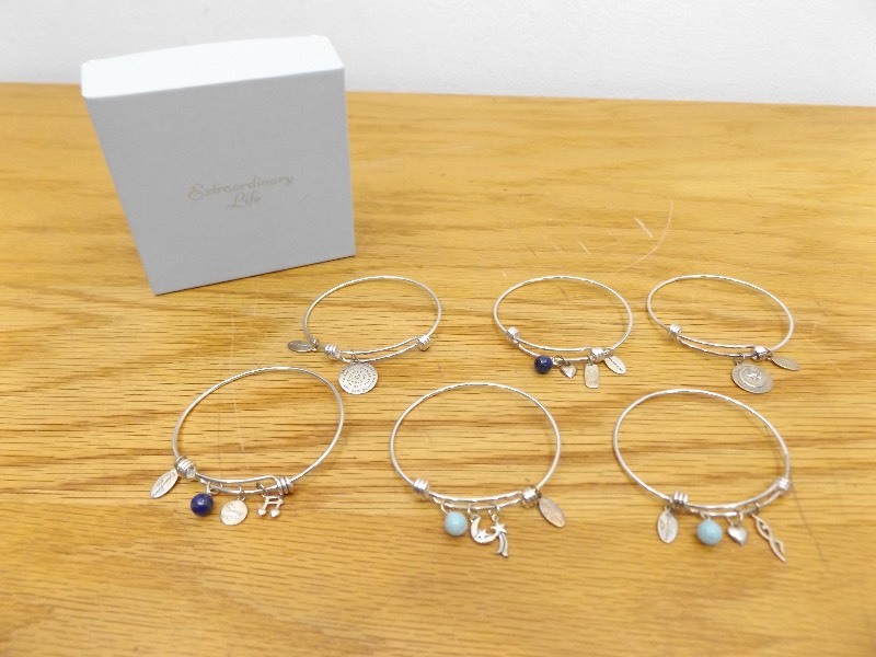 lot 36 image: Set of 6 New Extraordinary Life Sterling Silver Expandable Bracelets with Charms (2.420 oz Total Weight)