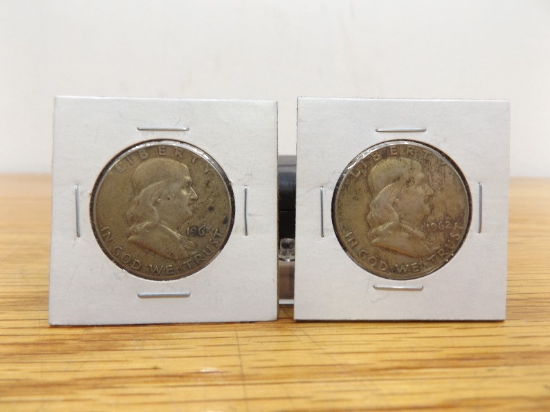 lot 44 image: 2 Silver Franklin Half Dollars