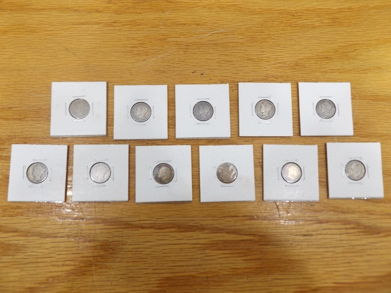 lot 46 image: Lot of 11 Various Barber, Mercury, and Roosevelt Silver Dimes