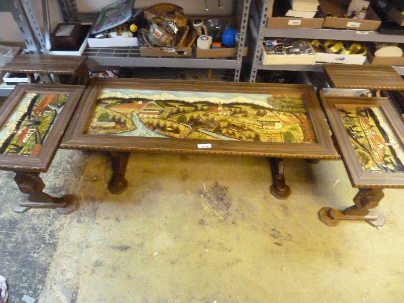 lot 9 image: Vintage Hand Carved Coffee Table and Two End Tables