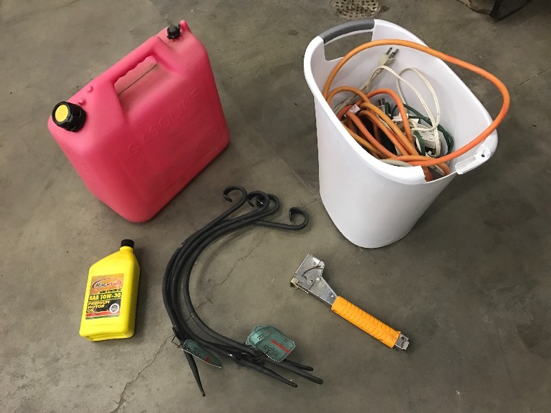 lot 47 image: Lot Of 5-Gallon Gas Can, Bucket Of...