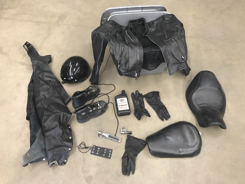 lot 61 image: Tote Of Assorted Motorcyce Leather...