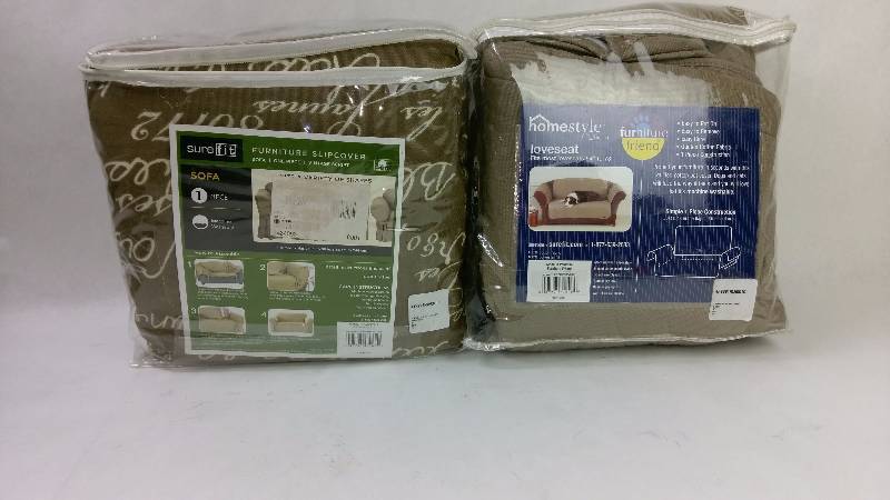lot 16 image: Sure Fit Vintage Script Sofa Slipcover and Sure Fit Quilted Duck Pet Loveseat Cover