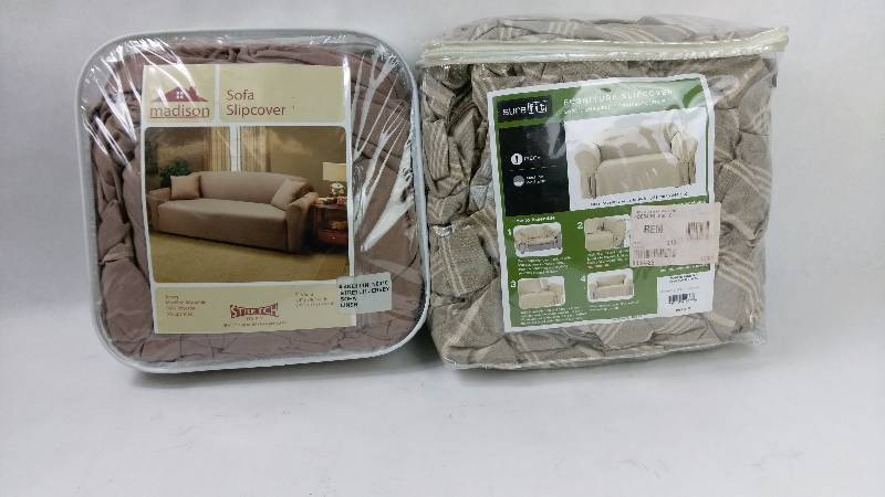 lot 17 image: Madison Industries Solid Color Jersey Sofa Slipcover and Sure Fit Grainsack Stripe Sofa Slipcover