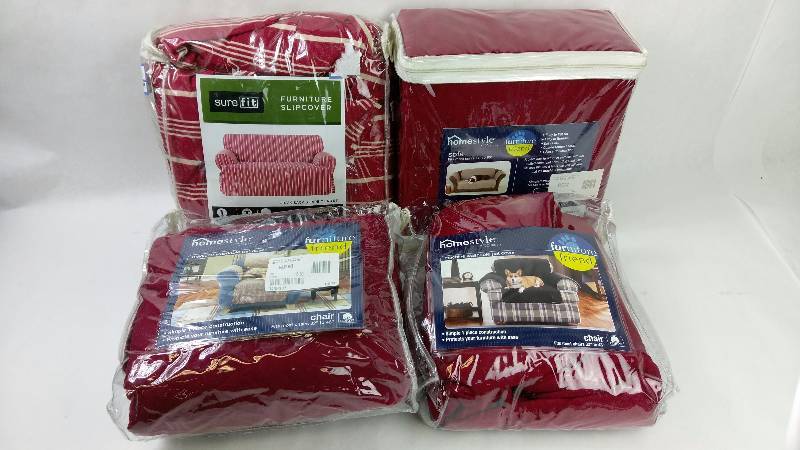 lot 18 image: Sure Fit Grainsack Stripe T-Cushion Loveseat Cover, x2 Sure Fit Quilted Duck Pet Chair Cover, and Sure Fit Quilted Duck Pet Sofa Cover