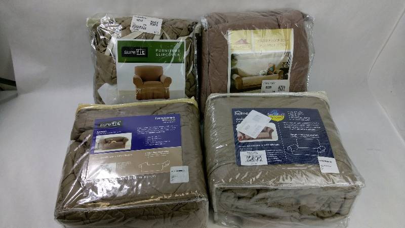 lot 20 image: Madison Waterproof Pet Protection Sofa Cover, Sure Fit Corded Canvas Chair Slipcover, Sure Fit Microfiber Nonskid Pet Loveseat Cover, and Sure Fit Quilted Duck Pet Sofa Cover