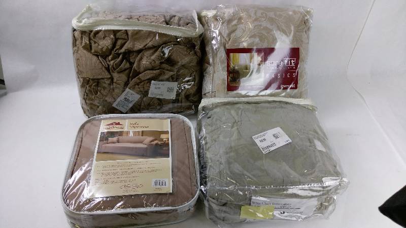 lot 23 image: Sure Fit Matelasse Damask Wing Chair Slipcover, Sure Fit Scroll Loveseat Slipcover, Sure Fit Middleton Loveseat Slipcover, Madison Industries Solid Color Jersey Sofa Slipcover