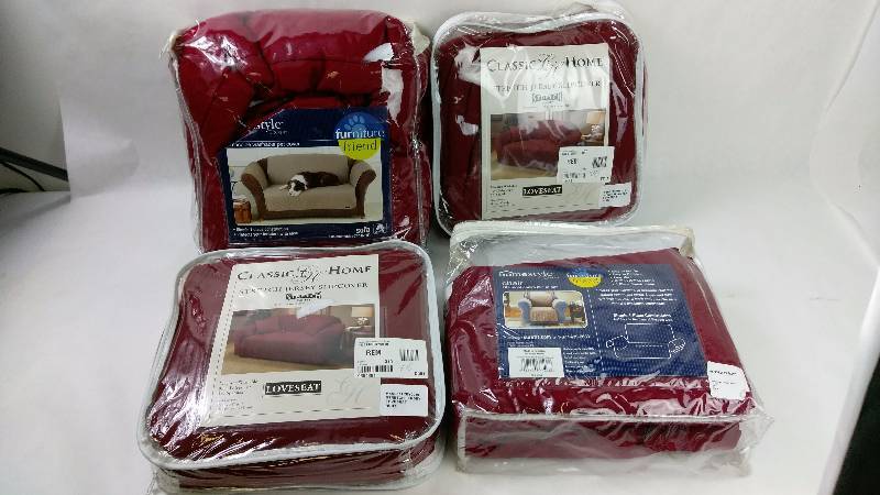 lot 24 image: Sure Fit Quilted Duck Pet Sofa Cover, Madison Industries Solid Color Jersey Loveseat Slipcover, Sure Fit Matelasse Damask Wing Chair Slipcover, and Sure Fit Quilted Duck Pet Chair Cover