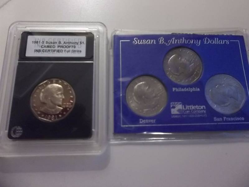 1979 Susan B. Anthony Dollar Souvenir Unc Coin Set P,D,S In Original Packaging And 1981S Cameo Proof 70 INB Certified Full Strike