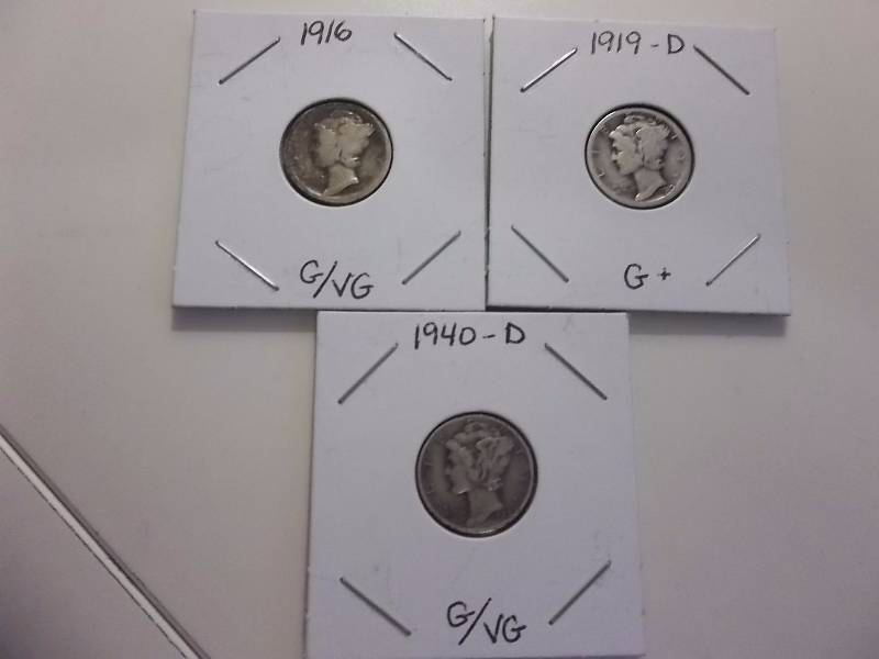 1916, 1919 D, 1940 D Mercury Dimes