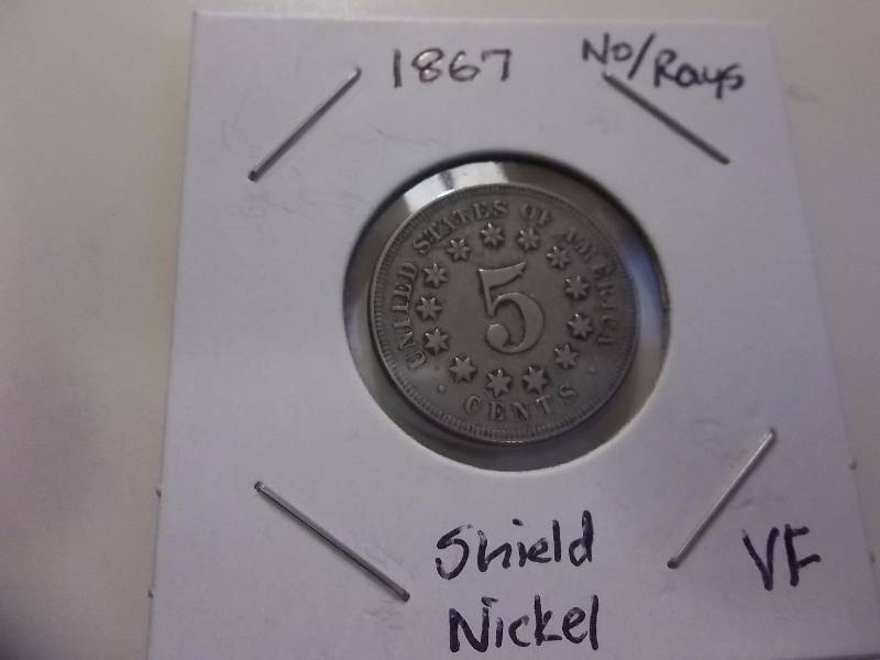 1867 Shield Nickel No Rays Rare Date Better Grade ($50-$90 Grey Sheets Value)